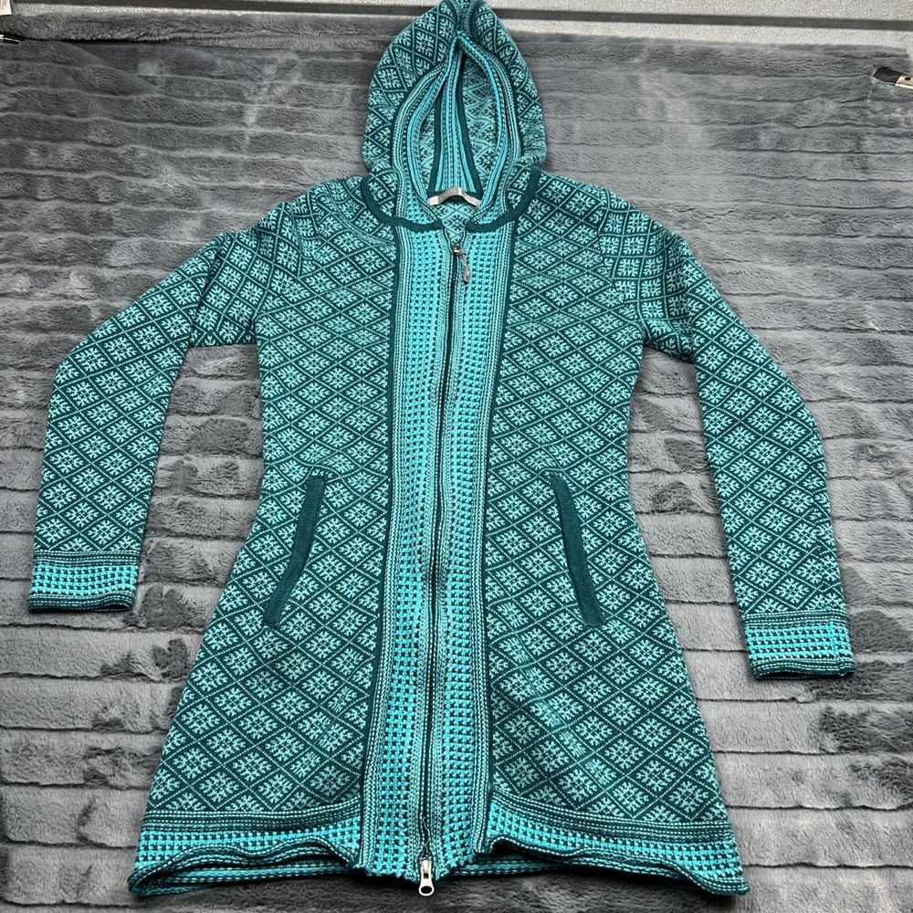 Athleta Teal Green Fair Isle Wool Blend Hooded Full Zip Cardigan Sweater 792700